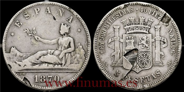 Cy16523V.- G.P Y I REPUBLICA - 5 Pesetas 1870 - BC. Error