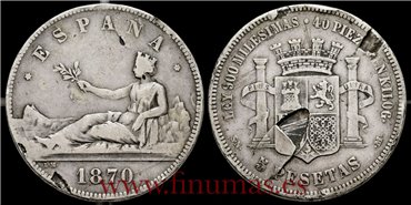 Cy16523V.- G.P Y I REPUBLICA - 5 Pesetas 1870 - BC. Error
