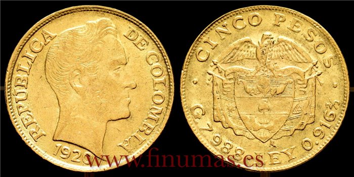 COLOMBIA - K-201 - 5 Pesos 1920 A. MBC+