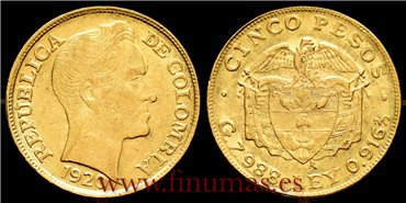 COLOMBIA - K-201 - 5 Pesos 1920 A. MBC+