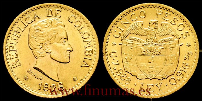 COLOMBIA - K-204 - 5 Pesos 1926 A. SC