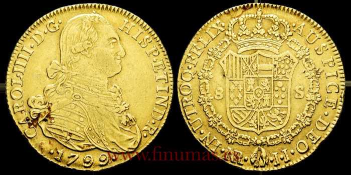 Cy13695.2.- CHARLES IV 8 Coats of Arms 1799 New Kingdom J.J. MBC-. Gold