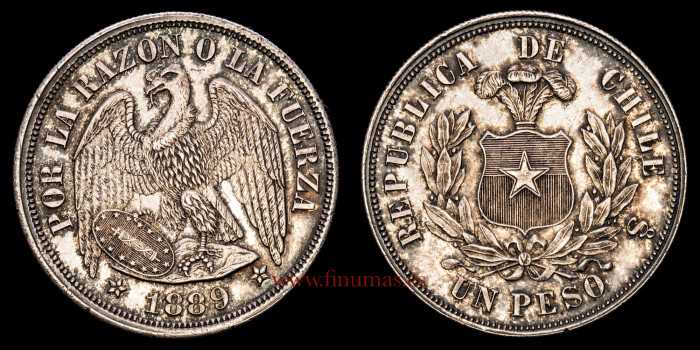 CHILE -K-142.1.- 1 Peso 1889 Santiago.  S.C-  PLATA