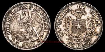 CHILE -K-142.1.- 1 Peso 1889 Santiago.  S.C- SILVER
