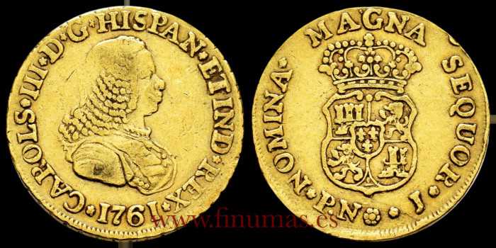 Cy11594.- CARLOS III 2 COATS OF ARMS 1761 POPAYAN J. M.B.C- GOLD
