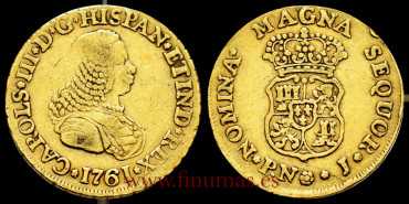 Cy11594.- CARLOS III 2 COATS OF ARMS 1761 POPAYAN J. M.B.C- GOLD