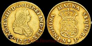 CARLOS III 2 COATS OF ARMS 1768 POPAYAN J. M.B.C. - GOLD