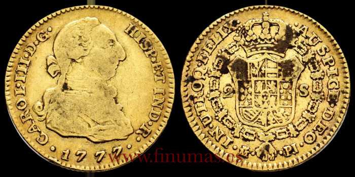 Cy11675.- CARLOS III - 2 SHIELDS 1777 MADRID P.J. BC+.- GOLD