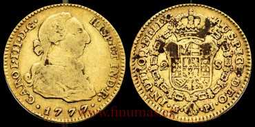 Cy11675.- CARLOS III - 2 SHIELDS 1777 MADRID P.J. BC+.- GOLD
