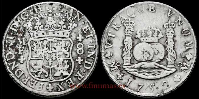Cy09848.- FERNANDO VI - 8 Reales Columnario 1752 Mexico M.F. - BC+