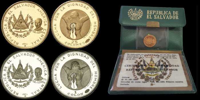EL SALVADOR - K141/143 - 1 and 25 Colones 1971. DALI -PROOF. GOLD-SILVER