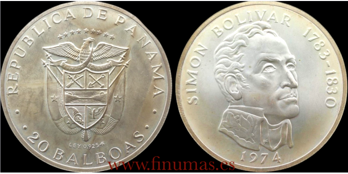 PANAMA - K-031 - 20 BALBOAS 1974. SIMON BOLIVAR. PROOF - PLATA