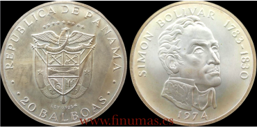 PANAMA - K-031 - 20 BALBOAS 1974. SIMON BOLIVAR. PROOF - SILVER