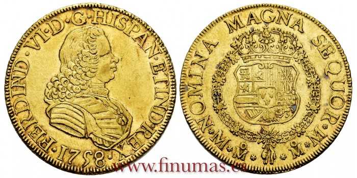 Cy10167.- FERNANDO VI 8 SHIELDS 1758 MEXICO M.M. EBC. GOLD