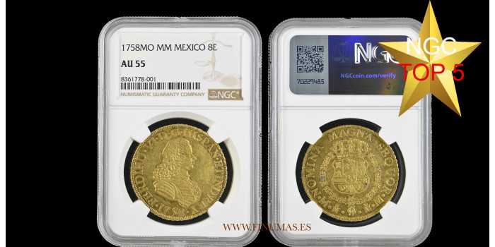 Cy10167.- FERNANDO VI 8 SHIELDS 1758 MEXICO M.M. EBC. GOLD