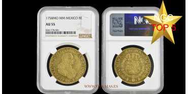 Cy10167.- FERNANDO VI 8 SHIELDS 1758 MEXICO M.M. EBC. GOLD