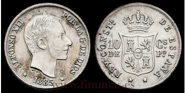 Cy16623h.- ALFONSO XII -  10 Centavos de peso 1885 Manila EBC. -Plata