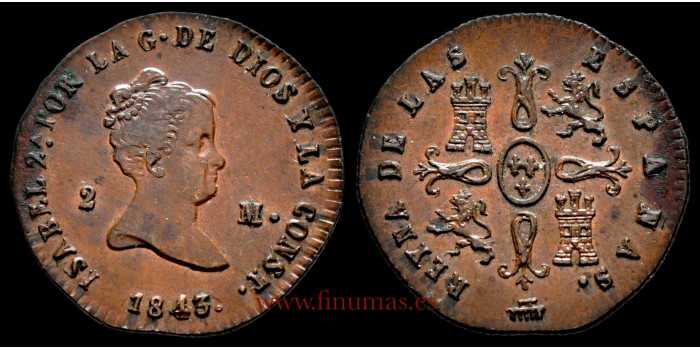 Cy15670J.- ISABEL II 2 Maravedis 1843 Segovia. SC-