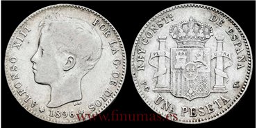 Cy16675C.- ALFONSO XIII 1 Peseta 1896 PGV -(*8-96) - BC.  PLATA
