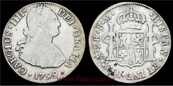 Cy12792c.- CARLOS IV 2 Reales 1799 Mexico F.M.- BC.  PLATA