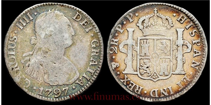 Cy12776B.- CARLOS IV 2 REALES 1797 POTOSI P.P. - RC.  PLATA