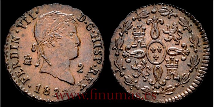 Cy13938H.- FERNANDO VII  2 MARAVEDIS 1827 SEGOVIA - EBC