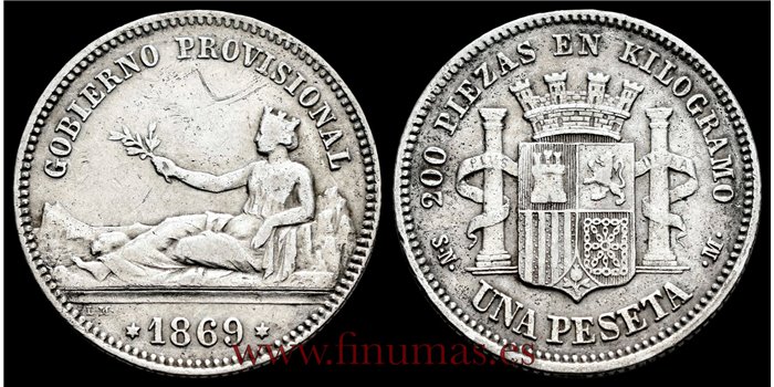 Cy16508E -G.P Y I REPUBLICA  1 Peseta 1869 G.P. - S.N.M.- MBC.  PLATA