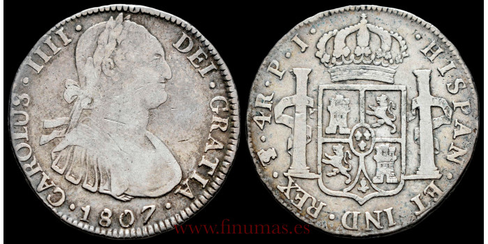 Cy12925C.- CARLOS IV 4 Reales 1807 Potosí P.J..- BC+.  PLATA