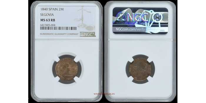 Cy15665.-ISABEL II - 2 Maravedis 1840 Segovia - NGC MS 63 RB