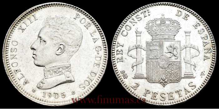 Cy16692K.-ALFONSO XIII - 2 Pesetas 1905, SMV, SC