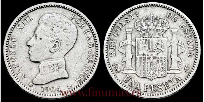 Cy16682e.- ALFONSO XIII 1 Peseta 1904 (19-04) S.M.V.- MBC