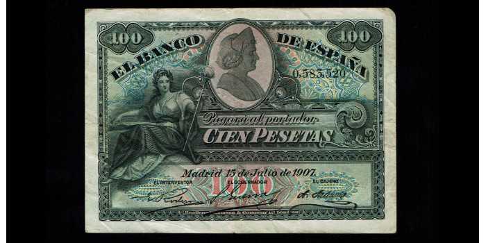 F328E.- 100 PESETAS 15 DE JULIO 1907 SIN SERIE. MBC-