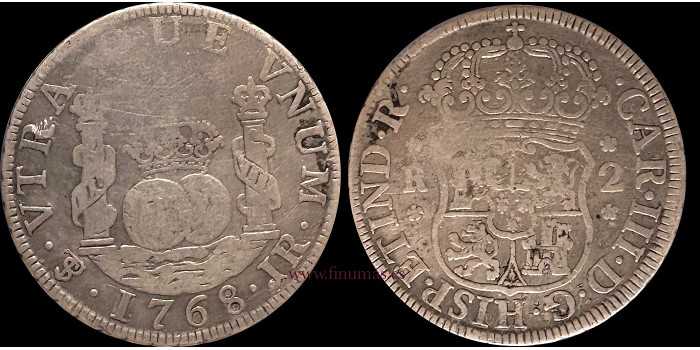 Cy10750.- CARLOS III - 2 Reales 1768 Potosí J.R. Columnario -MBC-