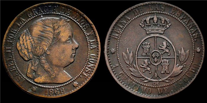 Cy15718E.-ISABEL II - 1Ctm.Escudo.  1868 Sevilla OM - MBC