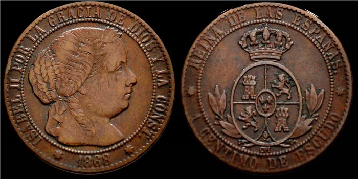 Cy15718E.-ISABEL II - 1Ctm.Escudo.  1868 Sevilla OM - MBC