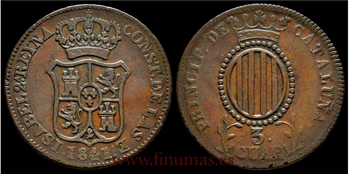 Cy15763D.-ISABEL II - 3 Cuartos 1841 Cataluña - MBC-