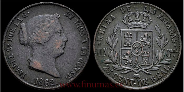 Cy15781F.-ISABEL II - 25 Ctm: Real 1862 Segovia - MBC+
