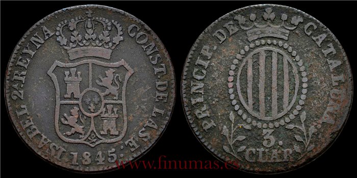 Cy15767C.-ISABEL II - 3 Cuartos 1845 Cataluña - BC. Variante