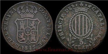 Cy15767C.-ISABEL II - 3 Cuartos 1845 Cataluña - BC. Variante