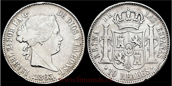 Cy16227E.-ISABEL II - 10 Reales 1863 Barcelona .- MBC
