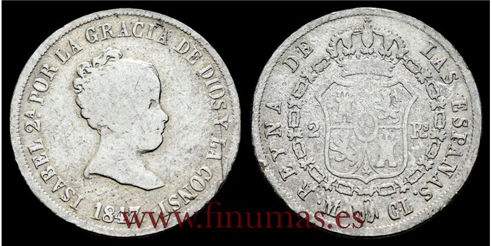 Cy15991B.-ISABEL II - 2 Reales 1847 Madrid .-RC