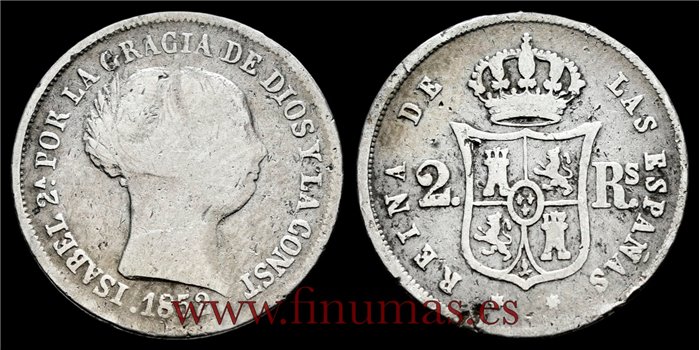 Cy16007B.-ISABEL II - 2 Reales 1852 Sevilla .-RC