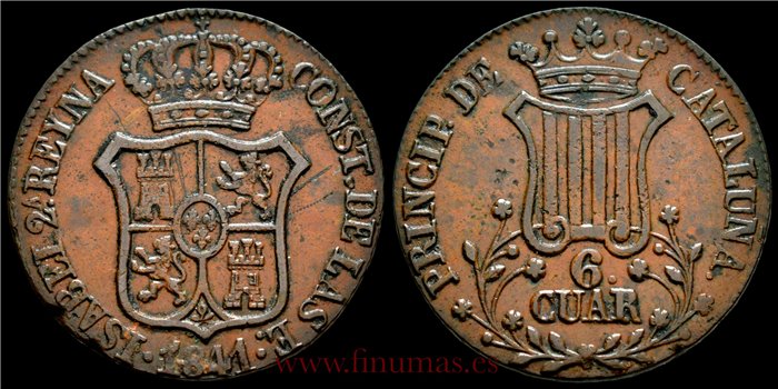 Cy15851H.-ISABEL II - 6 Cuartos 1841 Cataluña - EBC