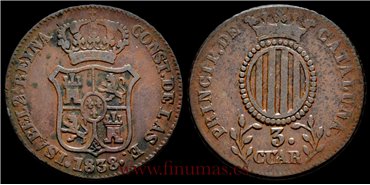 Cy15760E.-ISABEL II - 3 Cuartos 1838 Cataluña - MBC