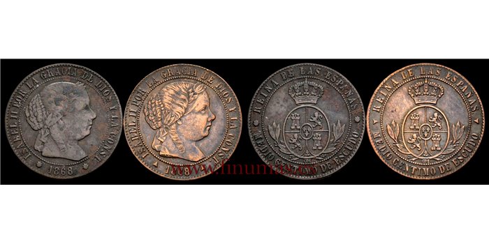Cy15647L.-ISABEL II - 1/2 Ctm.Escudo.  1868 Segovia Jubia OM 2 Piezas - MBC