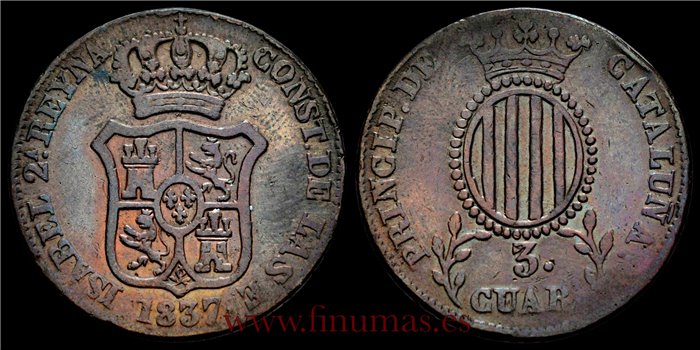 Cy15759E.-ISABEL II - 3 Cuartos 1837 Cataluña -MBC. Variante