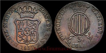 Cy15759E.-ISABEL II - 3 Cuartos 1837 Cataluña -MBC. Variante