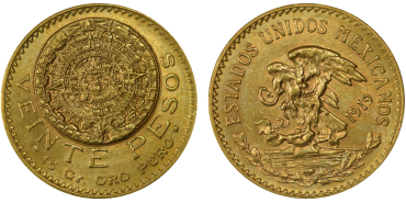 MEXICO K-478 - 20 PESOS MEXICANOS DE ORO 1919 - CALENDARIO AZTECA. NO REACUÑACION