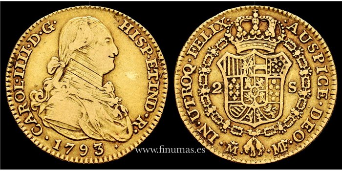 Cy13353V.- Carlos IV 2 Escudos 1793/92 Madrid M.F.  MBC - ORO