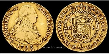 Cy13353V.- Carlos IV 2 Escudos 1793/92 Madrid M.F.  MBC - ORO